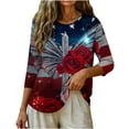 thumbnail image 3 of Uootdi 4th of July Tops for Women Rose Butterfly Cross Print 3/4 Sleeve Casual Loose Fit Lightweight Tees Gift, 3 of 7