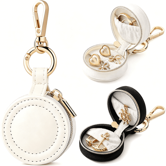 DESIGNICE 2 Pcs Portable Jewelry Ring Holder Box with Keychain,Small Jewelry Storage Box Case Travel Ring Earring Stud Necklace Storage Case(White Black)