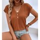 thumbnail image 5 of Camiseta holgada informal de Color puro con ribete de botones y cuello en V para mujer, Color caramelo XXL, 5 of 8