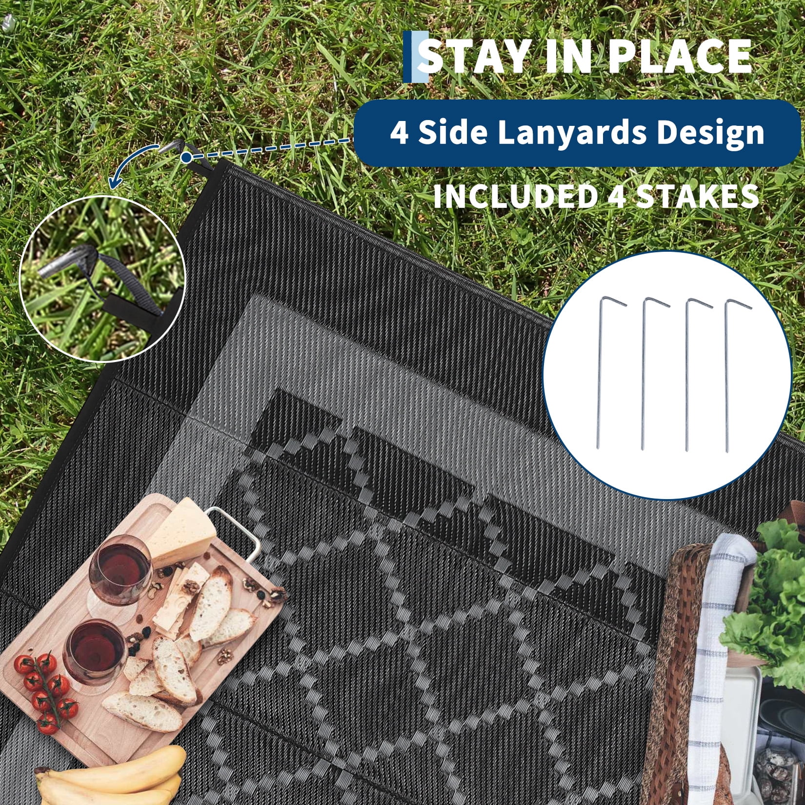 HIWEAVER 8' x 10' Black/Gray Outdoor Rug PP Plastic Straw Woven Waterproof Patio Rug with Border Portable Outside Carpet for Balcony Deck Picnic Garden Decor