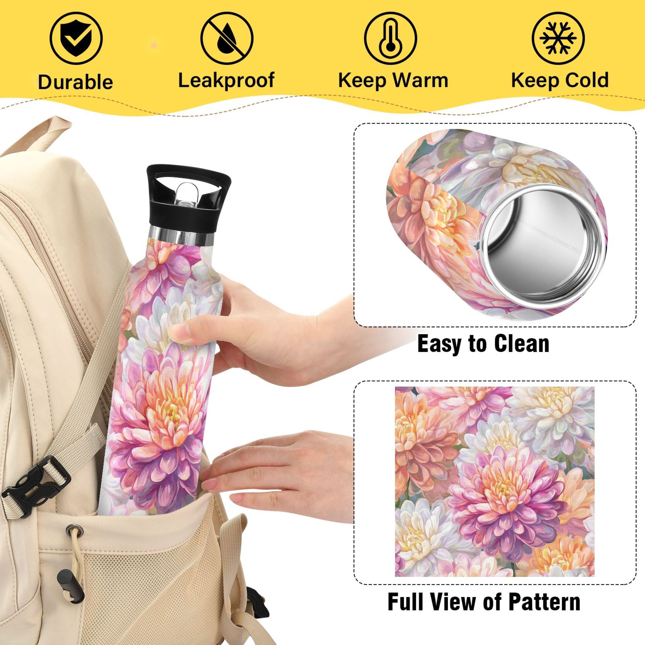 600ML Stainless Steel Insulated Cup Sports Water Bottle Portable Thermos Cup Water Glasses Insulated Tumblers Convenient and Durable Pink Chrysanthemum
