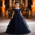 thumbnail image 3 of Children Birthday Party Gown Girls Bridemaid Dress for Wedding Elegant Flower Long Formal Evening Dress Pageant Ceremony Dresses (Dark Blue,7-8T), 3 of 7