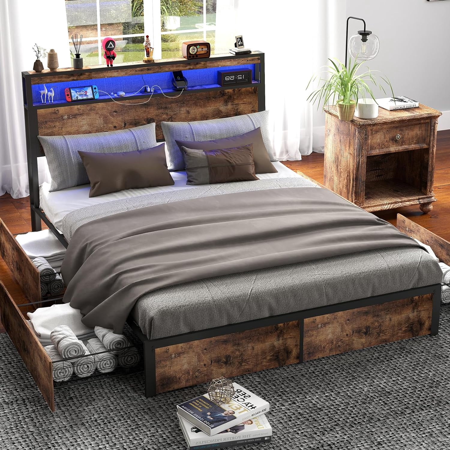DRNANLIT Full Bed Frame with Storage Headboard and 4 Drawers, Metal Platform Bed Frame with LED Light, Charging Station, No Box Spring Needed, Easy Assembly, Vintage Brown