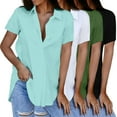 thumbnail image 3 of Guiexla Women Summer Shirt Lapel V-neck Short Sleeve Loose Fit Pullover Tops Solid Color Mid-length Office Lady Shirt, 3 of 7