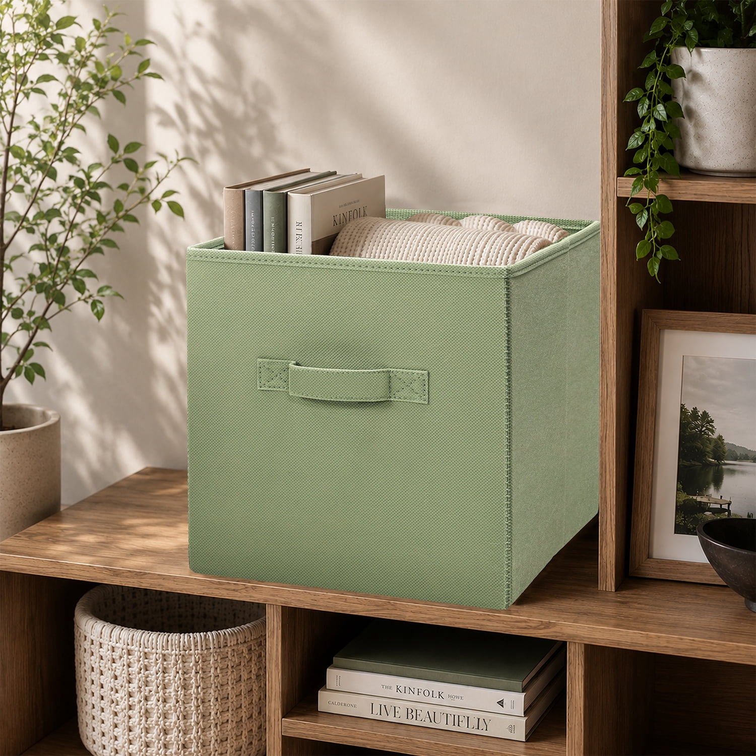 Mainstays Collapsible Cube Fabric Storage Bins, Olive Grove, 6 Pack