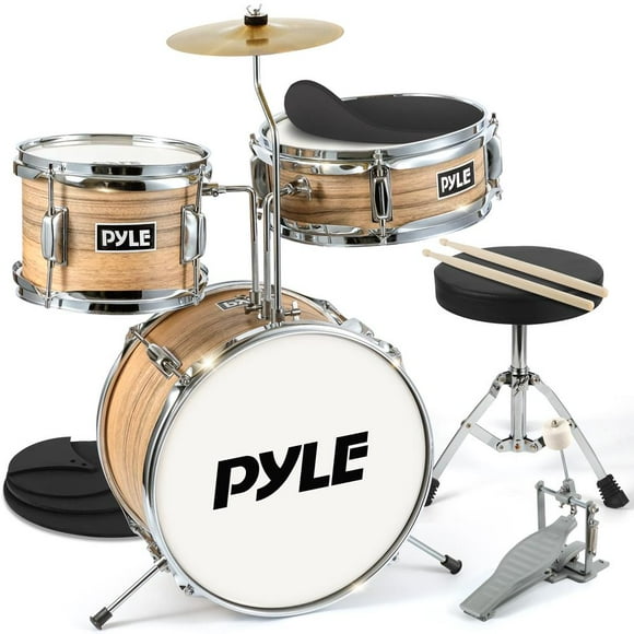 Pyle Kids Drum Set, 3 Piece Beginner Junior Drummer Kit with 13" Bass Drum, Snare, Tom, Cymbal, Adjustable Throne, Mutes, Drumsticks, Natural