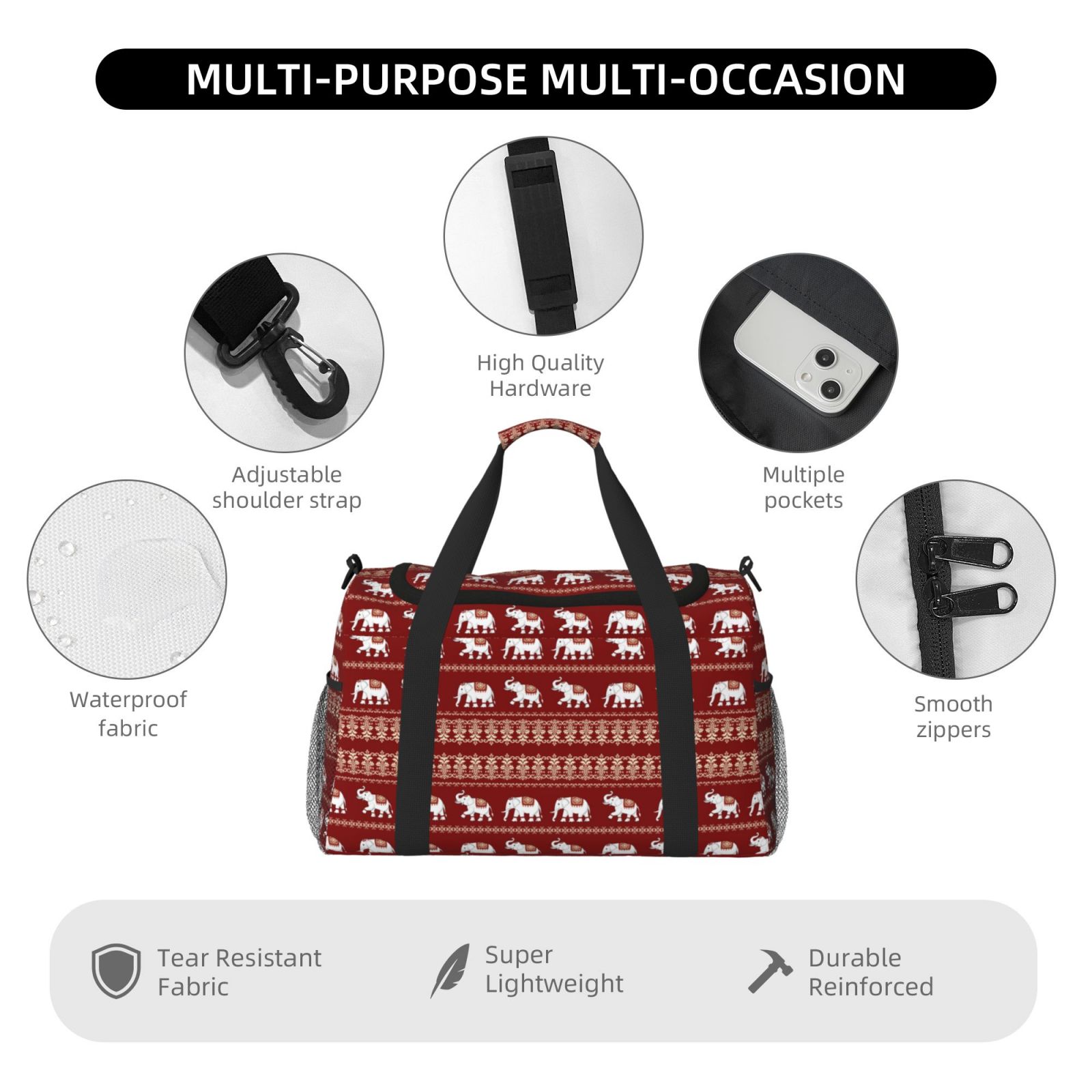 Fuzoiu Elephant Print Travel Duffle Bag,Carry On Tote Bags,Duffel Bag,Sport Gym Bag, Hospital Bag for Labor and Delivery, Overnight Bag,Luggage Bag