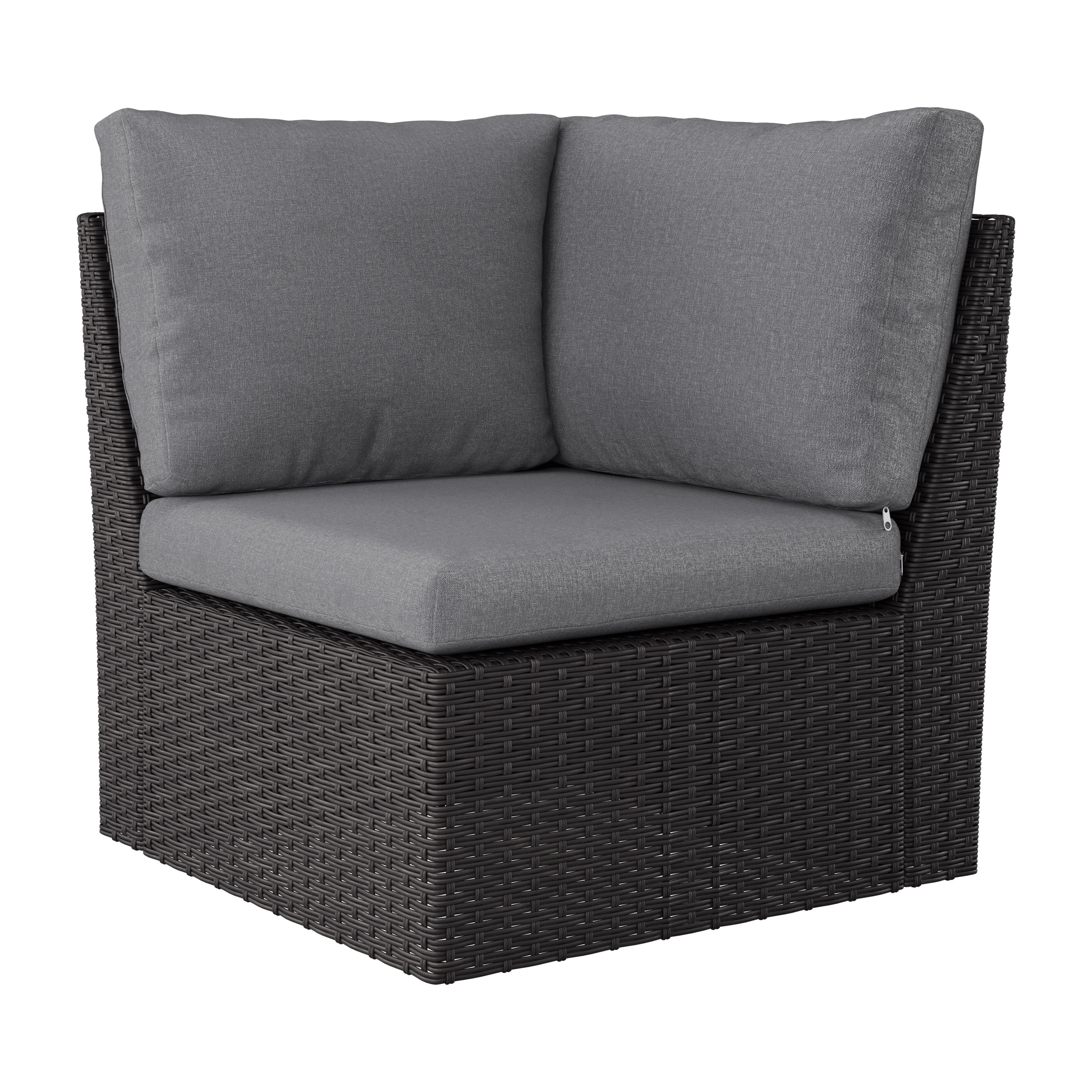 CorLiving Brisbane Rust-Resistant Resin Wicker Rattan and Steel Corner Outdoor Patio Sectional Piece with Cushions, Charcoal/Light Grey