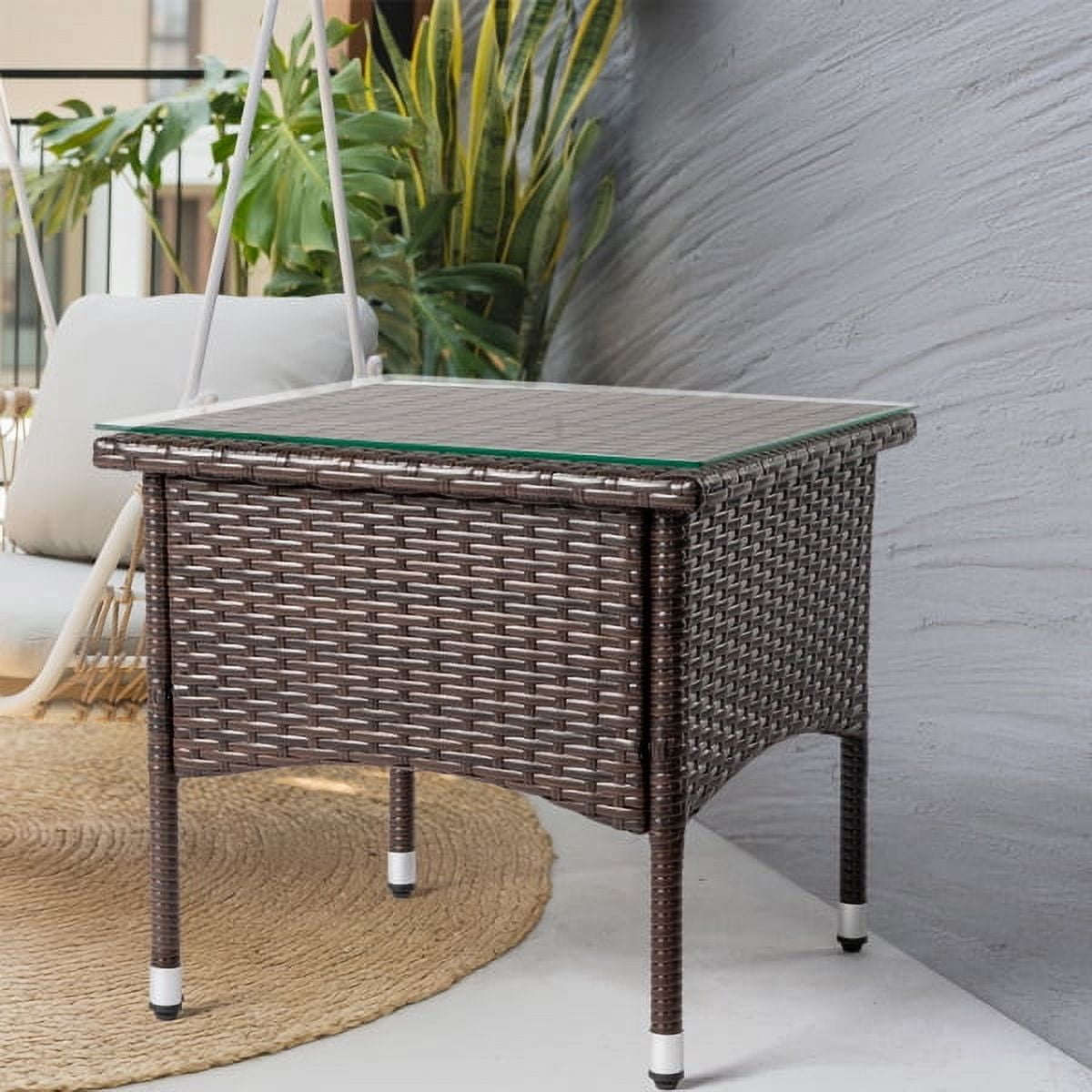 20" Patio Side Table, Outdoor Patio Wicker Square End Table, All-Weather Rattan Coffee Table w/Glass Tabletop for Backyard Deck Porch Poolside, Brown