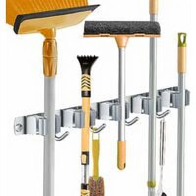 Colgador de escobas de pared, soporte para escobas de acero inoxidable, soporte para colgar en la cocina, cuarto de lavado, organización del garaje, 5 ranuras y 4 ganchos