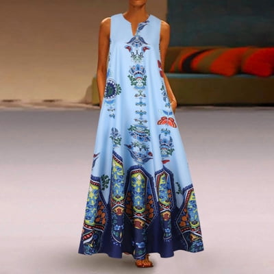 Women Summer Plus Size Casual Linen Loose Sleeveless printed Long Dress ...