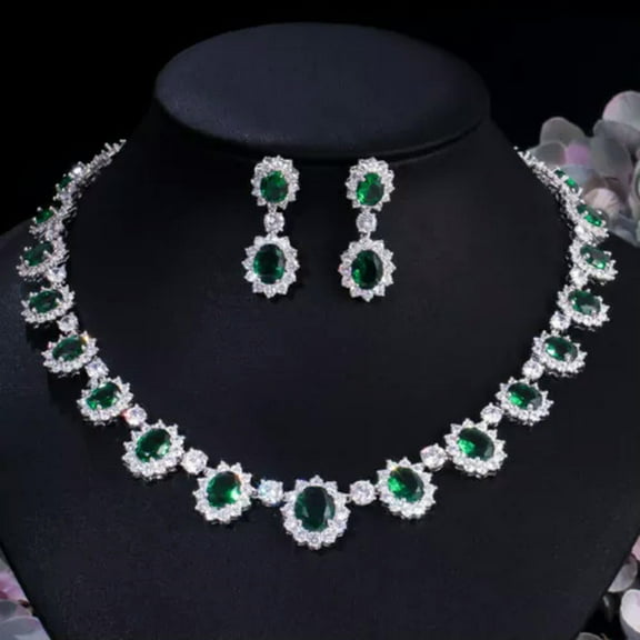 Silver Plated CZ Red Stone Flower Wedding Necklace Earring Jewelry Set for Women