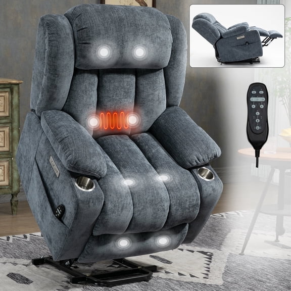 Power Lift Recliner Chair for Elderly with 8-Point Massage and Heat, Chenille Heavy Duty Electric Lift Chair up to 350 LBS, Vibration Massage Lumbar Heating, USB Type-C Ports, Cup Holders, Blue