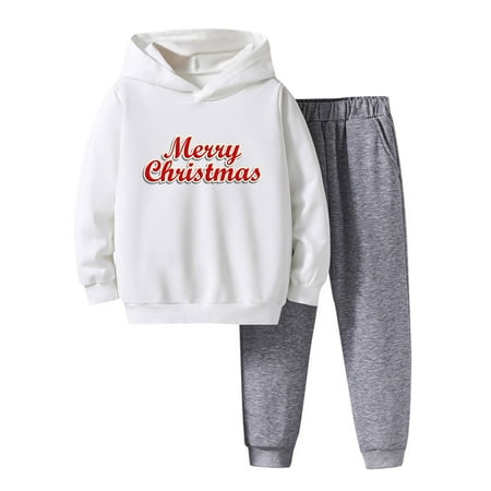 

OAUP 2PCS Toddler Boys Girls Outfit Sets Christmas Long Sleeve Letter Print Hoodie Tops Pants Outfits Clothes Set Winter Casual Trendy Outfit 5-14Y