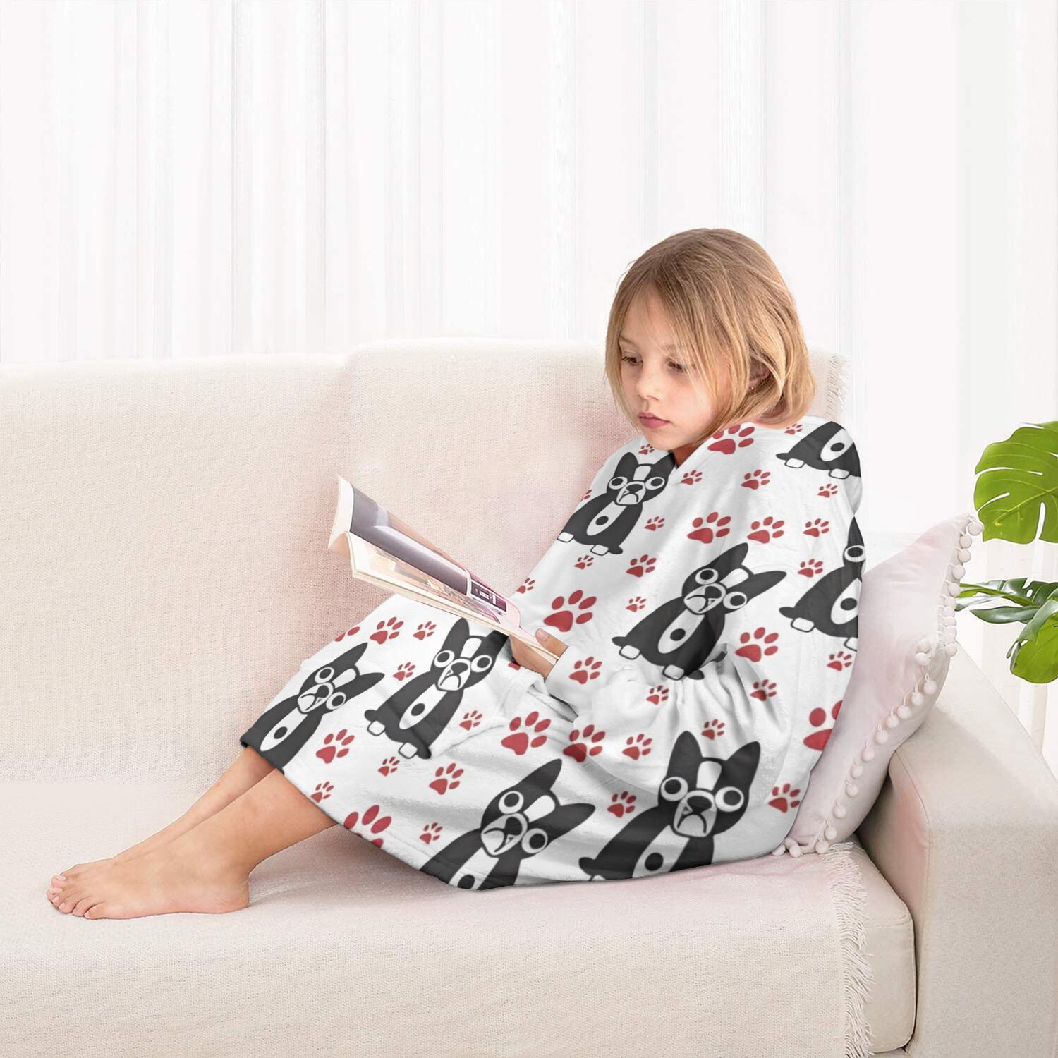 Boston Terrier Puppy Dog Blanket Hoodies for Kids 6-13YR Oversize Wearable Blanket Hoodies for Boys Girls Teens