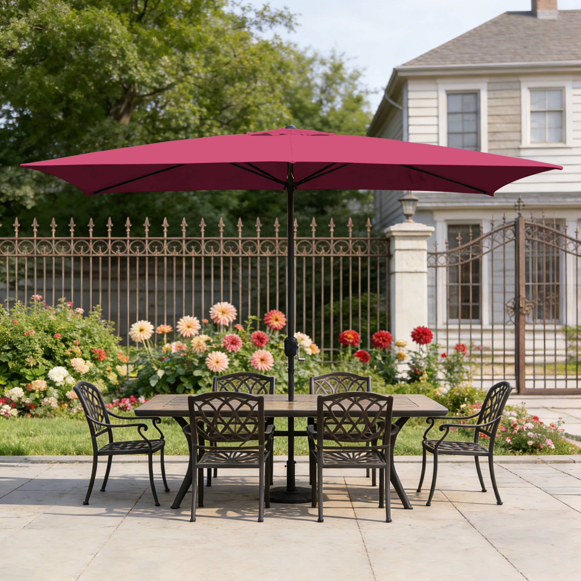 Abble 10x6.5ft Rectangular Patio Umbrella with Crank Handle, Outdoor Market Umbrella with 6 Sturdy Umbrella Ribs, Waterproof, Burgundy