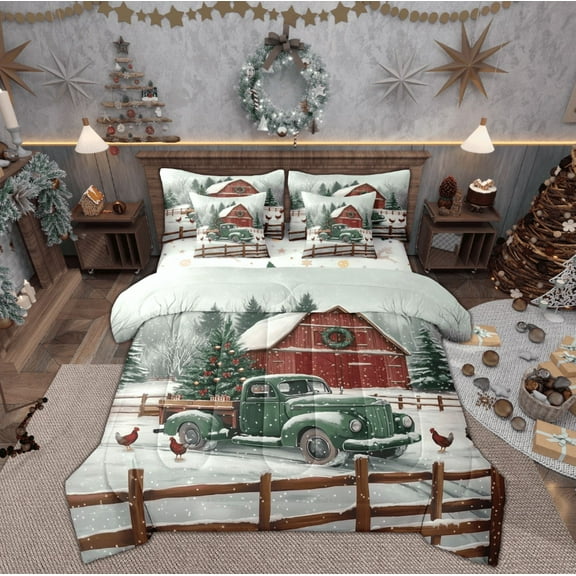 Feelyou Xmas Holiday Twin Bedding Sets 7-Piece, Rustic Cabin Truck Bedding Comforter Set, Winter Snowflake Reversible Sheet Sets, Microfiber Bedroom Decor