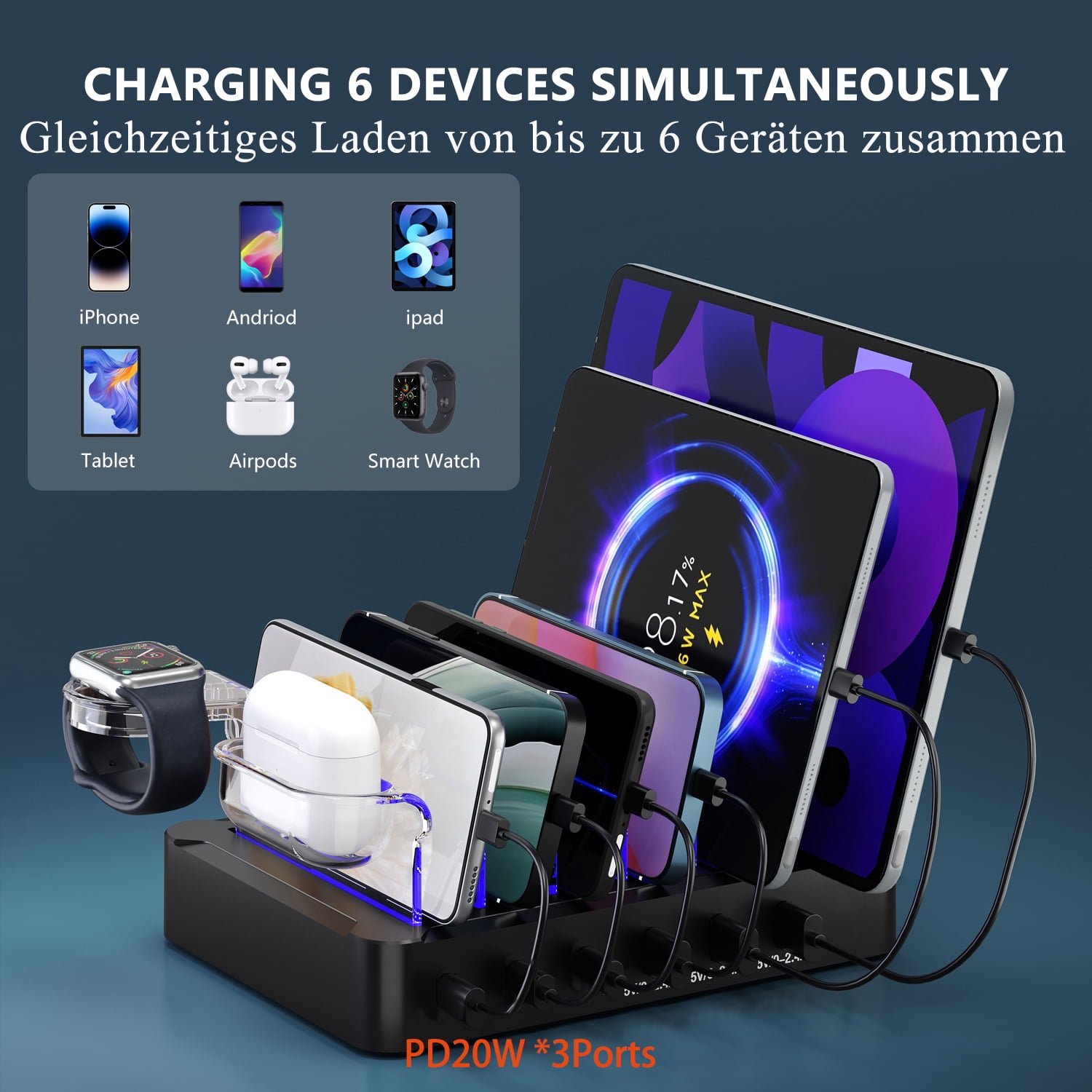 USB C Multi Dock 6 Ports PD 96W Smart Fast Charging Dock Station 3X PD 20W USB C Charging Port, Compatible with Phones, lPads, Watches, Tablets, and Multiple Devices (6 cables included)