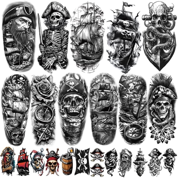 Yazhiji 77 Sheet Pirate Temporary Tattoos, Captain Ships Flag Sailor Anchor Sailboat Skull Fake Tattoos for  Adult Men Kids Costume Dress Up Makeup Accessories