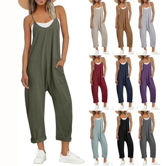 Miqool Womens Denim Bib Overalls Spaghetti Straps Wide Leg Stretchy Casual Loose Baggy Jean Pants Jumpsuits with Pockets