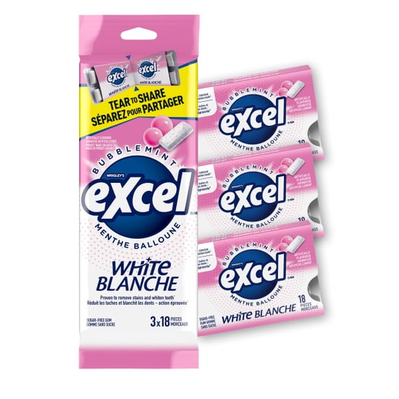 EXCEL White Bubblemint, Teeth Whitening Sugar Free Chewing Gum, 18 Pieces, 3 Packs
