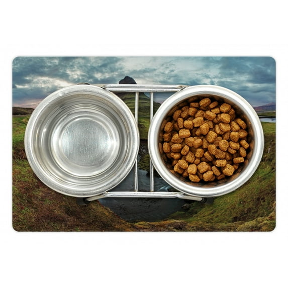 Landscape Pet Mat for Food and Water, Waterfall Landscape at Iceland Sunset Mountain Volcanic Area Natural Beauty Theme, Non-Slip Rubber Mat for Dogs and Cats, 18" X 12", by Ambesonne