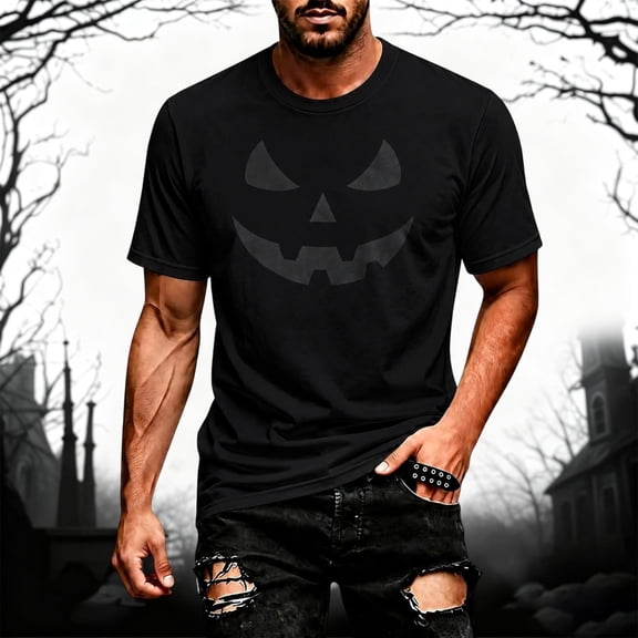 SJLDQY Halloween Mens Short Sleeve Tshirts Pumpkin Face Graphic Hallowmas T-Shirts for Men Casual Crew Neck Loose Fit Soft Tops