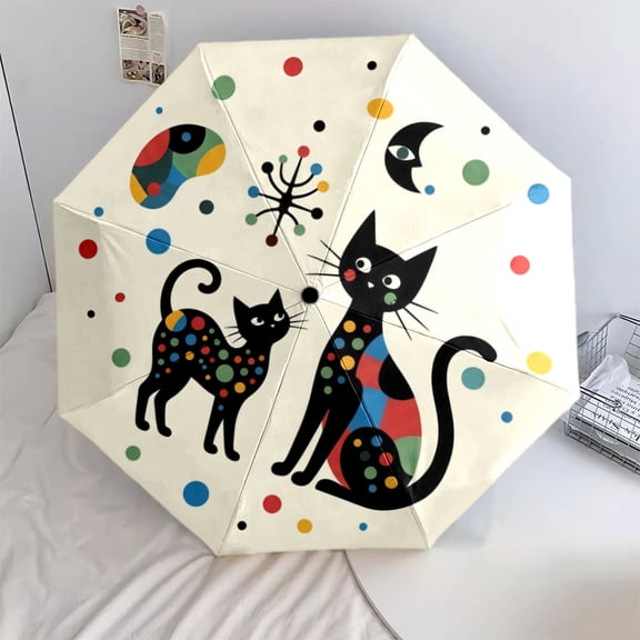 Abstract Black Cats Print Automatic Folding Umbrella, Portable 8-Rib Windproof Rain Umbrella for Outdoor, Travel, and Daily Use
