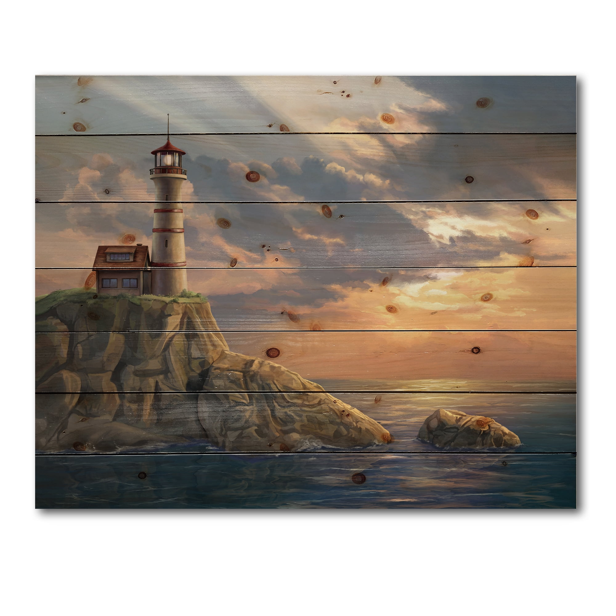 Designart 'Lighthouse On A Rocky Coastal Cliff At Evening Light' Nautical & Coastal Print on Natural Pine Wood