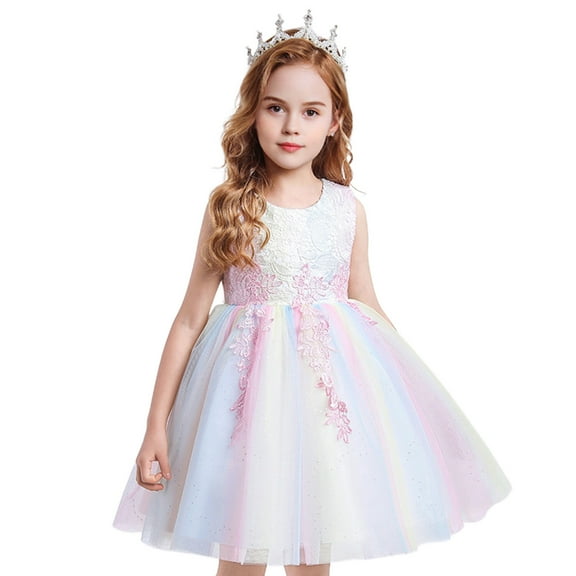KAWELL Flower Girls Party Dress Embroidery Sleeveless Rainbow Mesh Tulle Princess Lace Ball Gown Prom