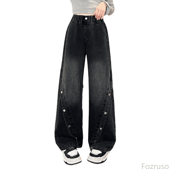 Fozruso Girls High Waisted Uniform Pants Baggy Jeans Girls Wide Leg Elastic Waist And Multiple Pockets Cargo Trousers Jeans Denim Pants For Sizes 5-6 Years