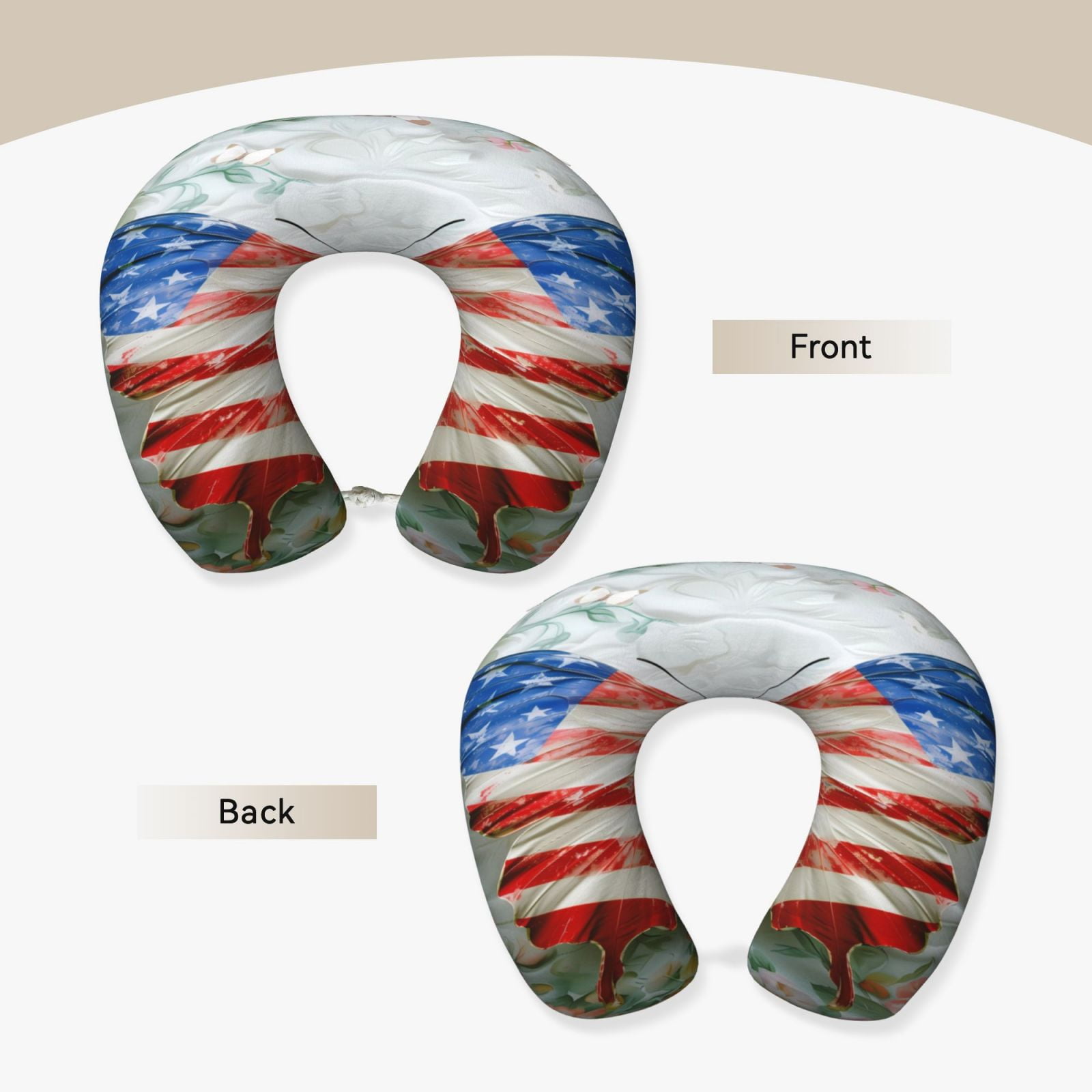 Xecao Patriotic Butterfly Floral Print Memory Foam Cervical Neck Pillow Versatile U-Shaped Pillows for Home,Office,Camping,Travelling,Soft Washable Cover