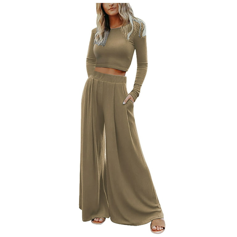 QYZEU Womens Winter Tops Wide Leg Rompers for Women Women'S Solid Color  High Elastic Shaping Long Sleeve Wide Leg Pants Two Piece Trousers Set 