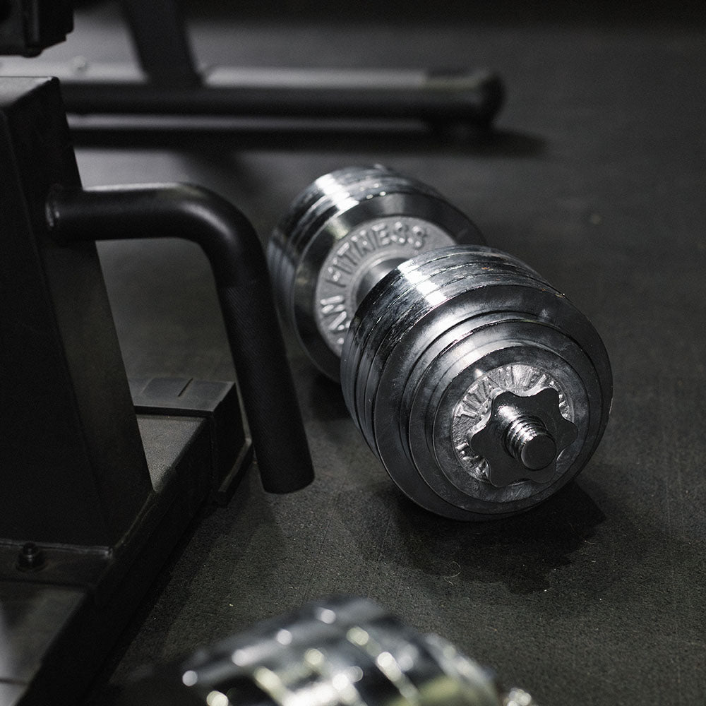 Titan Fitness 105 LB Adjustable Chrome Dumbbell Set, Pair of 52.5 LB Dumbbells, Medium Knurl Grip Handles