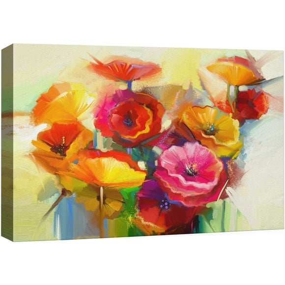 NWT Canvas Print Wall Art Pink, Orange, Yellow & Red Flower Bouquet Floral Plants Illustrations Modern Art Chic Closeup Colorful Multicolor Ultra for Living Room, Bedroom, Office - 12"x18"