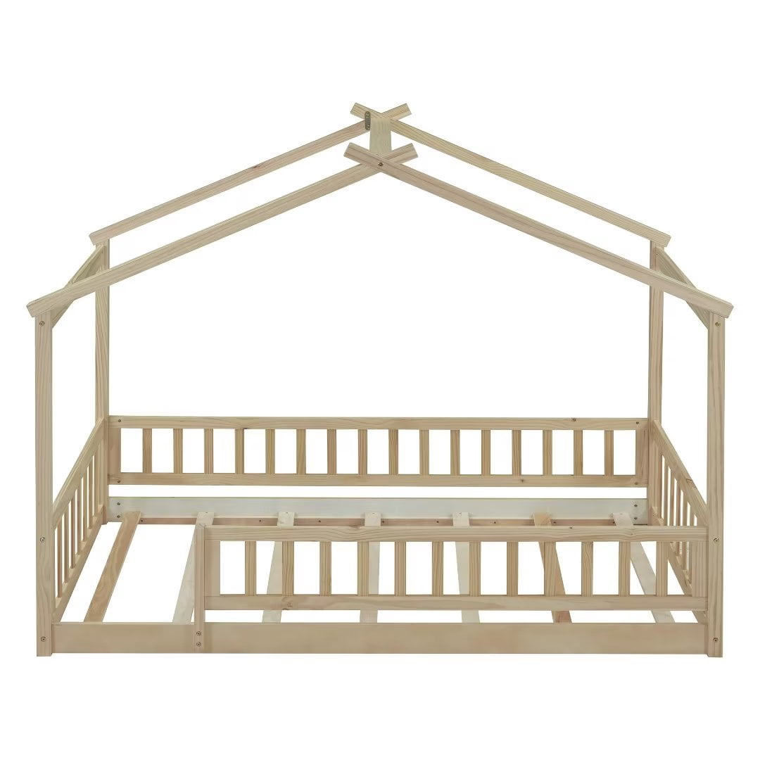 Twin Size House Bed, Wood Floor Bed with Fence and Roof, Montessori Bed Playhouse Bed Toddler Bed Frame for Kids Girls and Boys, Natural