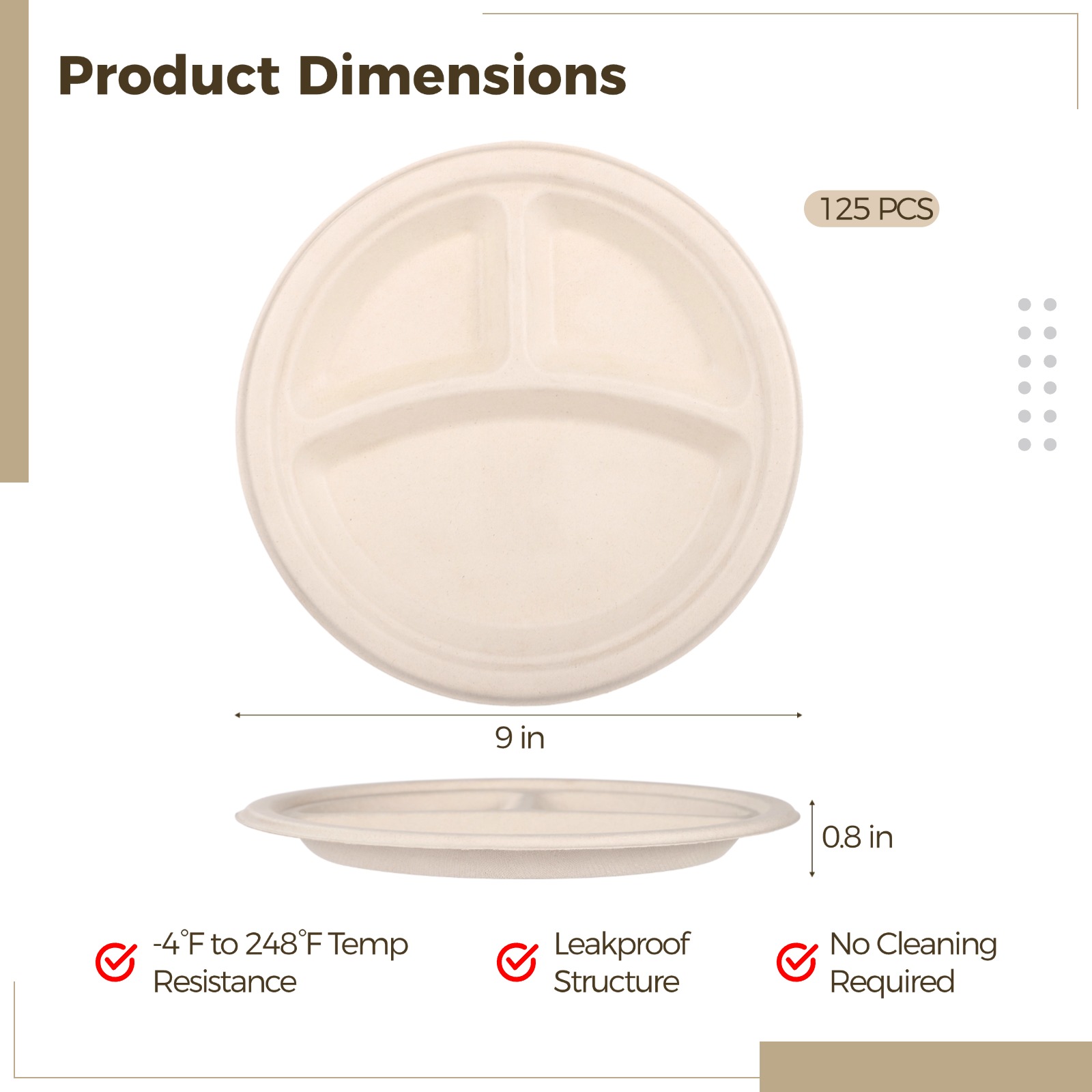 125 Pcs Disposable Paper Plates, 9" 3-Compartment Plates, Waterproof & Oil-resistant Divided Plates, Microwave Safe, Heavy-duty Round Plates for Party, Picnic, BBQ, and Everyday Meals