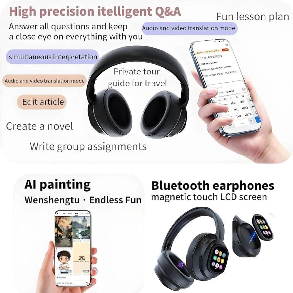 HY-X1 Pro AI Translation Wireless Headphones with Detachable Full Color LCD Touch Screen, Support 169 Languages Bluetooth Translation Function, for Travel Business(1Pc)
