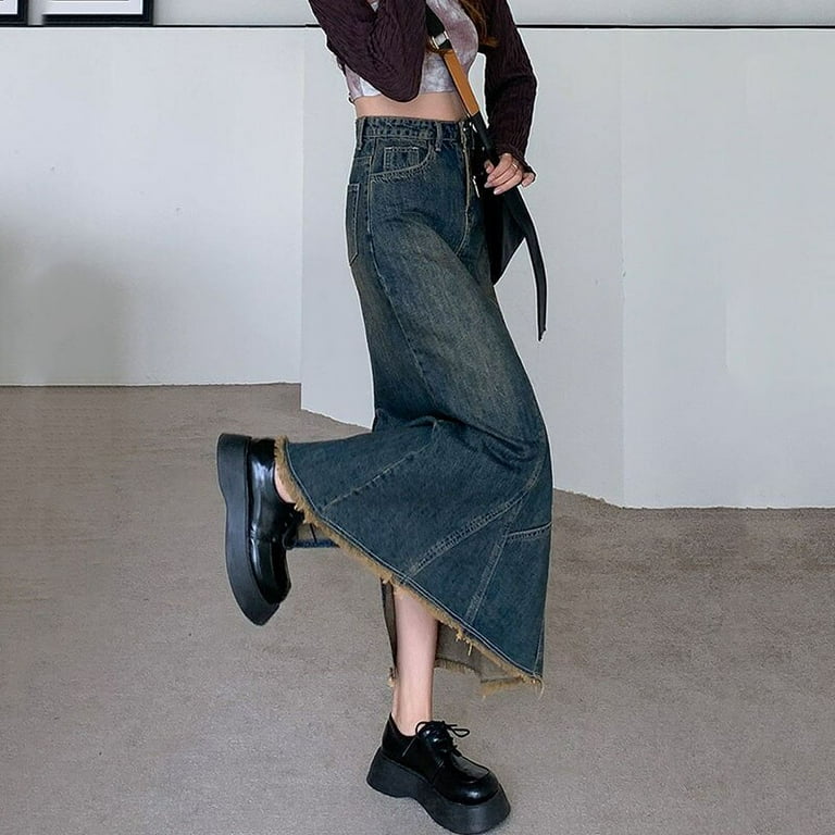 DanceeMangoo Y2K High Waist Women Long Skirt Vintage Blue Jean Split Midi Skirts Woman Harajuku Street Loose Denim A Line Skirt Walmart