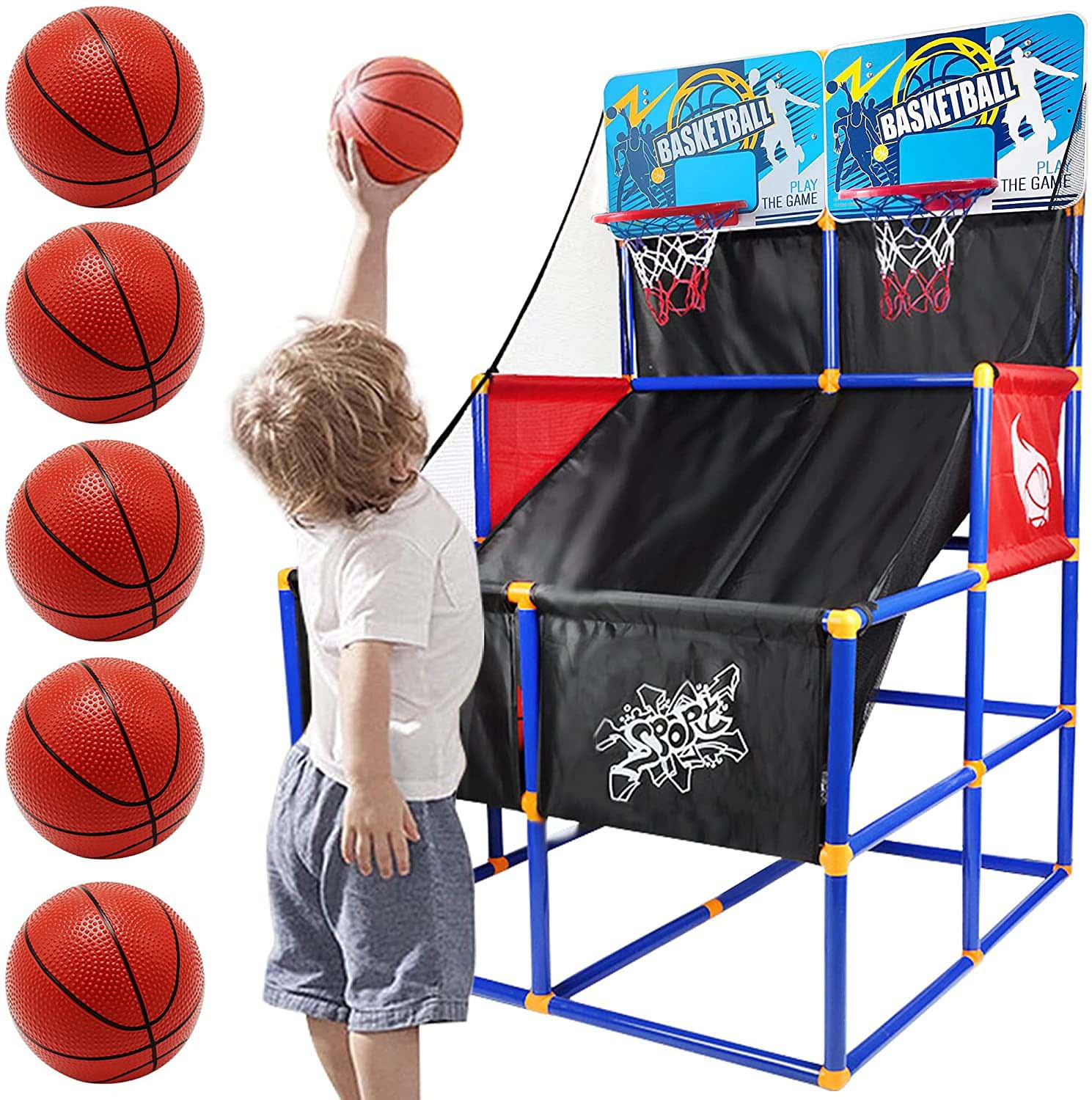 Childrens Indoor Outdoor Arcade Style Basketball Stand With Net Hoop Balls Pump 
