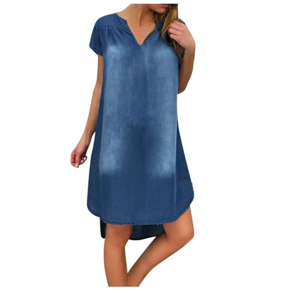 Annhoo Plus Size Jean Dresses for Women Summer Stretchy Short Sleeve V Neck Midi Dress Solid Curved Hem Dress