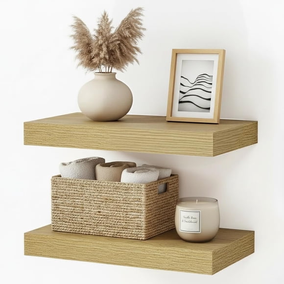 Floating Shelves for Wall 16x9 Inch, Deep Dispaly Shelf for Bathroom, Bedroom, Living Room, Kitchen, Office, Rustic Home Decor, 40cm Set of 2, Oak