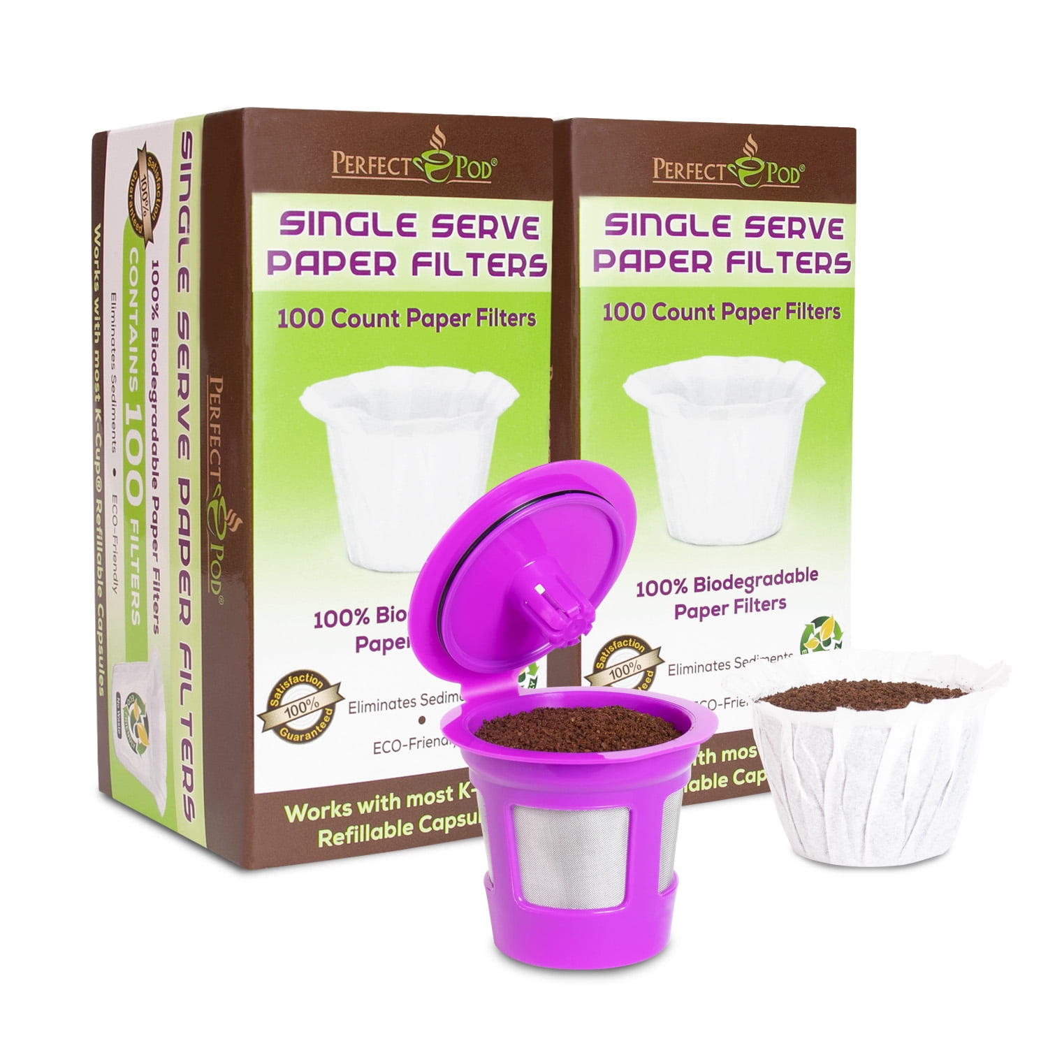 Perfect Pod Single Serve Reusable Coffee Pod & 200 Single Serve Paper Filters Eliminates Sediments