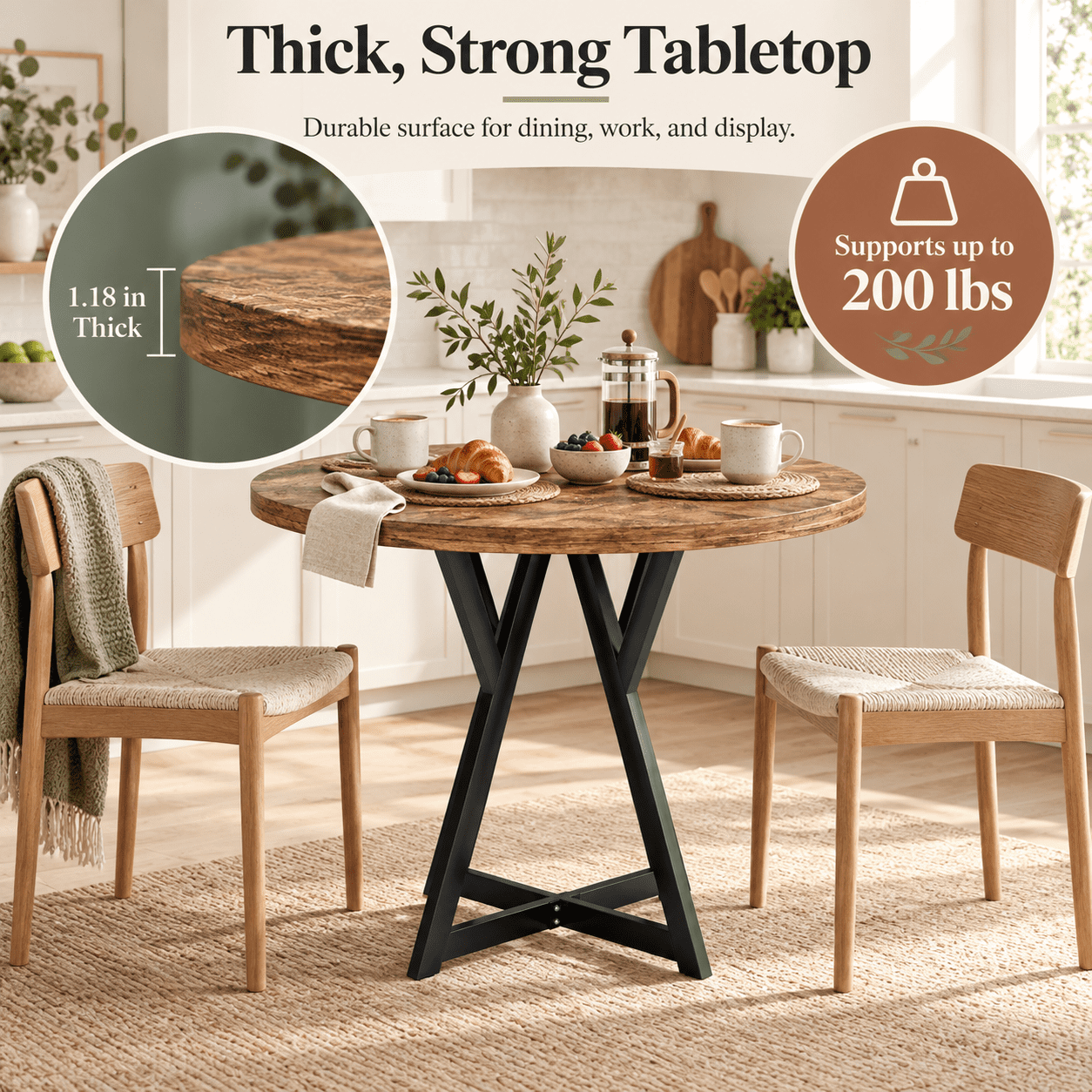 Furnibear 36 Inch Round Dining Table with Sturdy Metal Pedestal Base, Rustic Wood Grain for Kitchen Dining Room Small Space, Antique