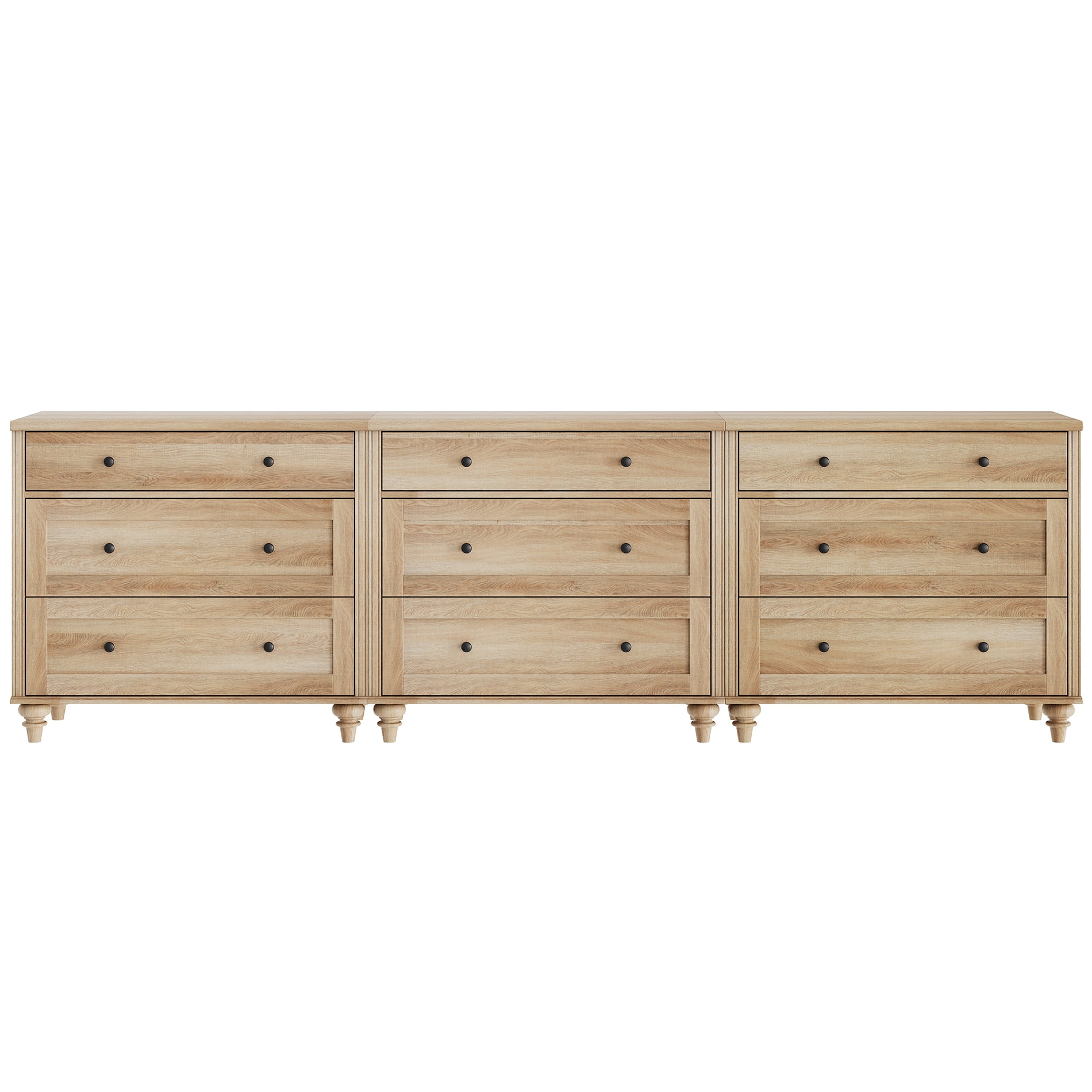 Oak Wooden Dresser for Bedroom with 9 Wide Drawers, Mid Century Modern Kids Dresser, Large Closet Storage Organizer for Nursery, Hallway and Living Room.