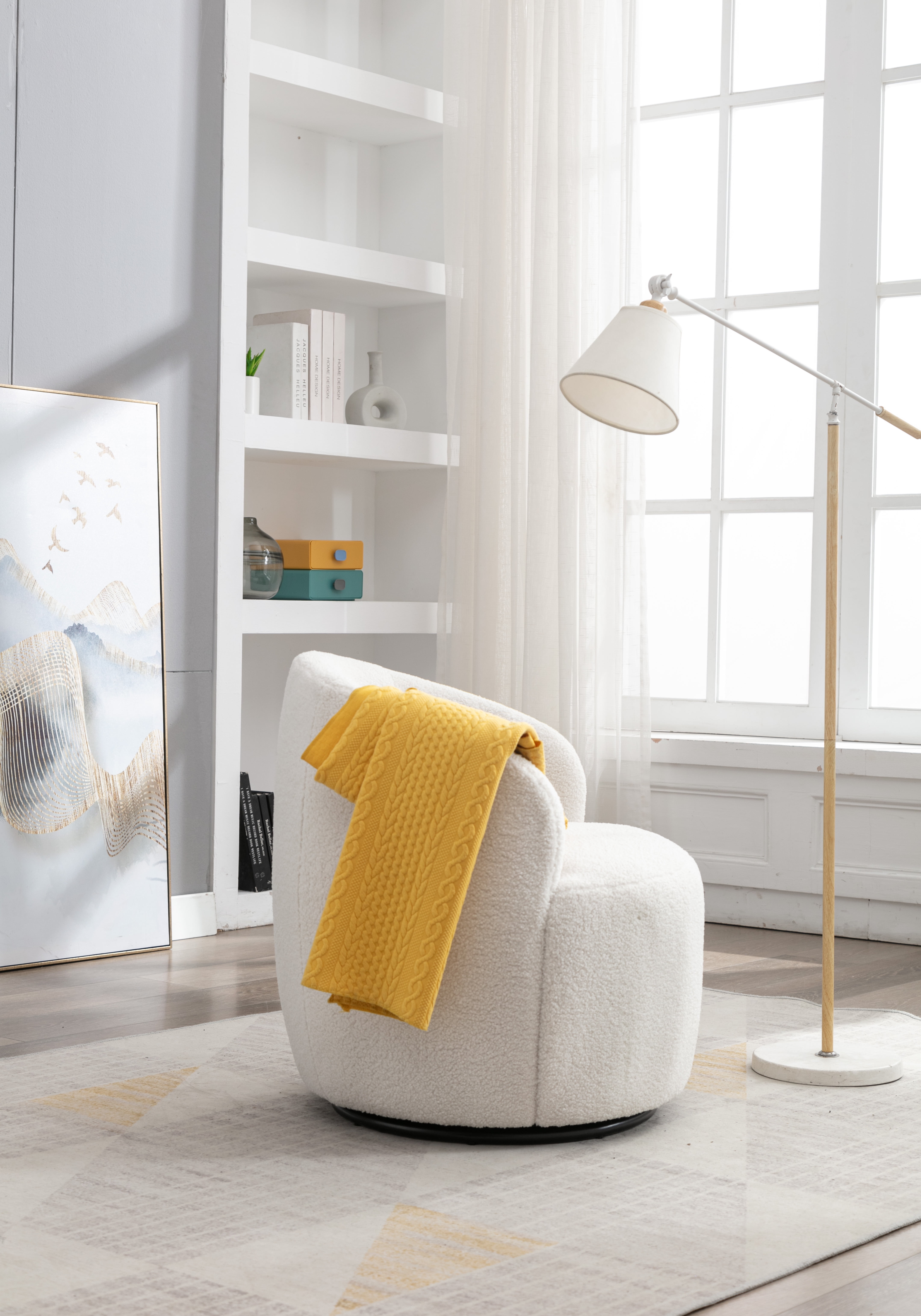 Soft Teddy Fabric Swivel Accent Chair with Ottoman, 360° Rotation, Ergonomic Backrest, Wooden Frame, 250 lbs Capacity for Living Room Bedroom