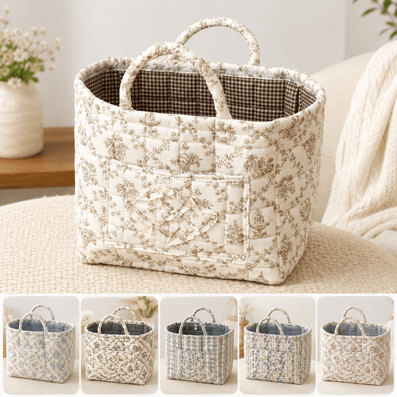 Quilted Car Storage Basket Tote Bag, Large Capacity Fabric Organizer with Handles, Home Storage Basket, Travel Bag, Picnic, Laundry