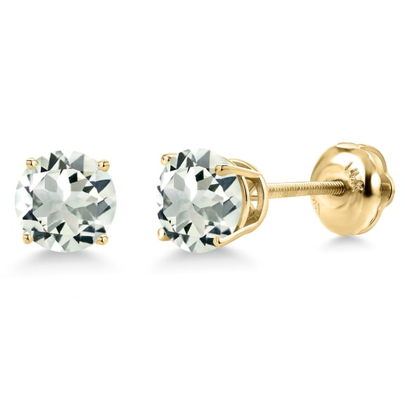 Gem Stone King 14K Yellow Gold Green Prasiolite Stud Earrings for Women | 2.20 Cttw | Gemstone Birthstone | Round 7MM