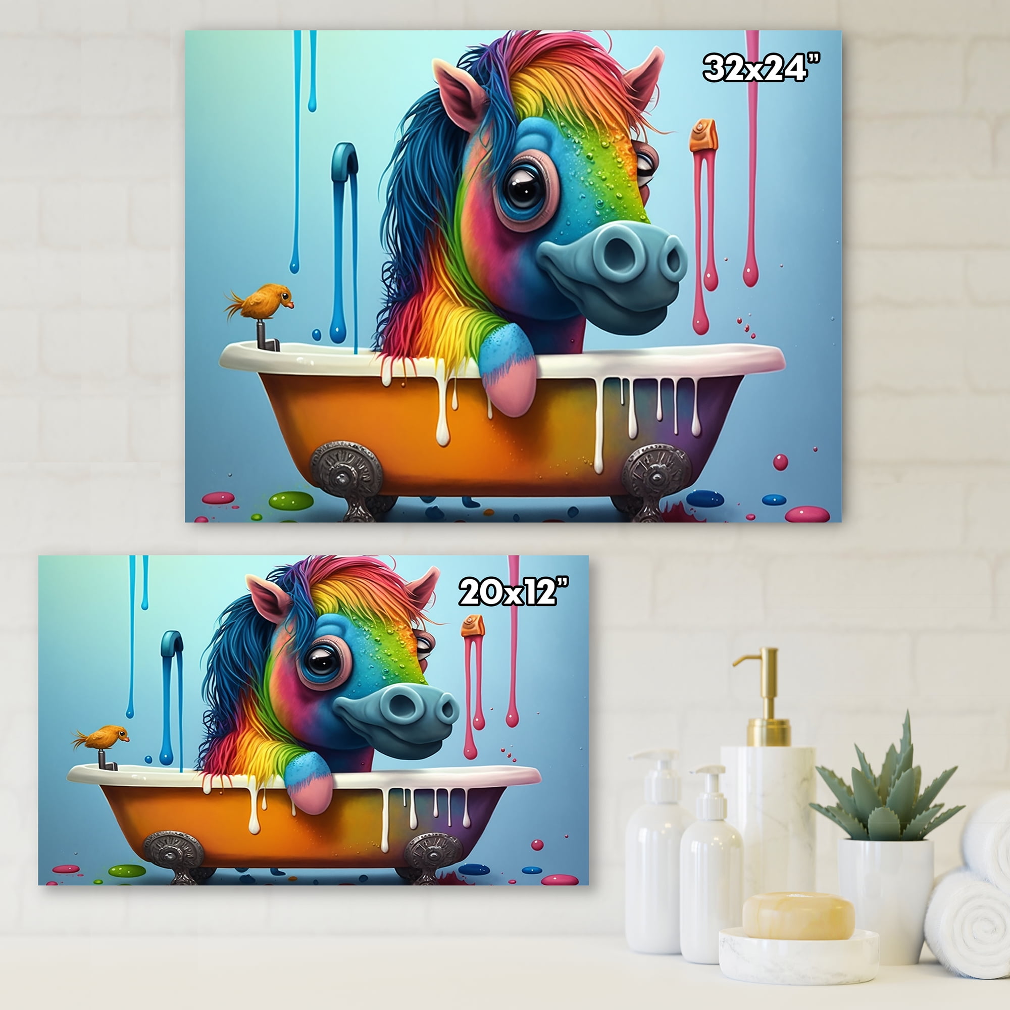 Designart Funny Rainbow Horse Splashing In The Tub I Canvas Wall Art