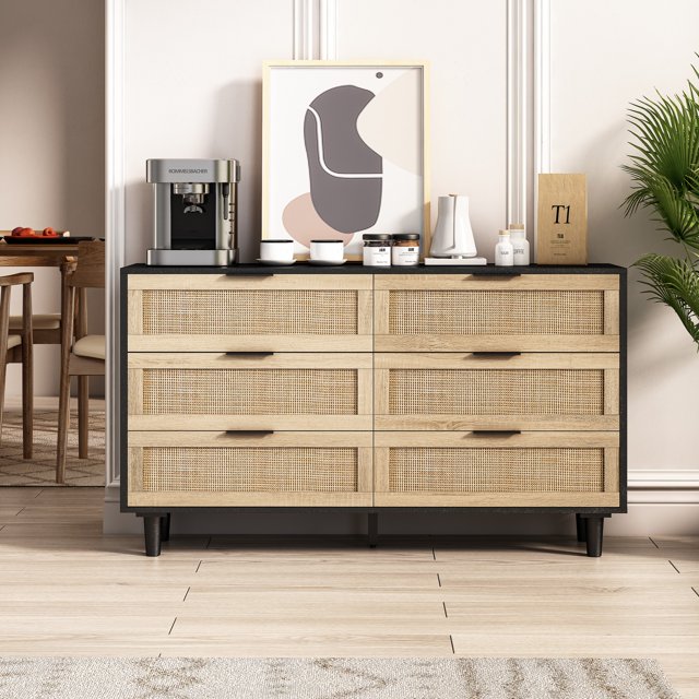 Storage Cabinet with Drawers, Black Rattan-Style MDF Cabinet for Living Room Bedroom Entryway